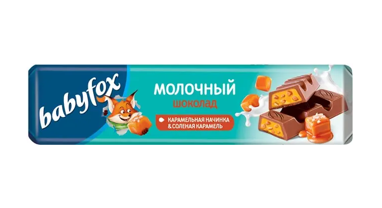 Батончик BabyFox молоч шокол с карамельной начинкой и соленой карамелью 45 гр
